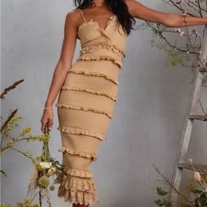 V. Chapman Narcisse Smocked Ruffle Trim Midi Dress